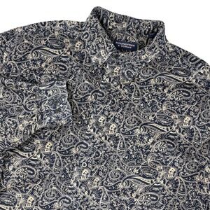 Roundtree & Yorke Mens L Black Tan Paisley Print Corduroy Button Down Shirt